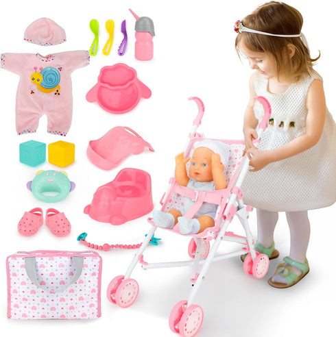 deAO Baby Doll Stroller Set with 13" Doll, 18 PCS Accessories, Foldable Stroller, Kids Play Toys