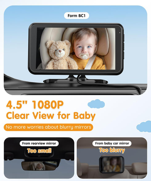 Babyvue BC1 4.5" 1080P 3X 2-Min Baby Car Camera, HD Screen & Zoom, AUTO IR Night Vision Car Baby Monitor