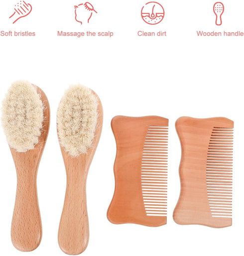 Set 4pcs Beech Wood Hair Brush and Comb for Newborns, Soft Woolen Bristles Scalp Grooming Kit, Head Care with Wooden