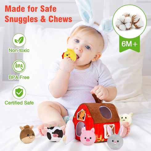 6-12 1-3 Baby Toys Months: Plush Surprise Barn with Stuffed Farm Animals, Rattle, Crinkle Paper, Mirror, Busy