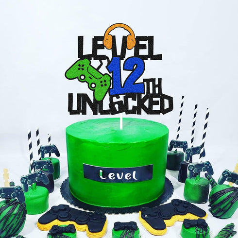Level 12th Unlocked Cake Topper, Happy 12th Birthday Cake Decoration, Video Game Controller Theme Party Supplies