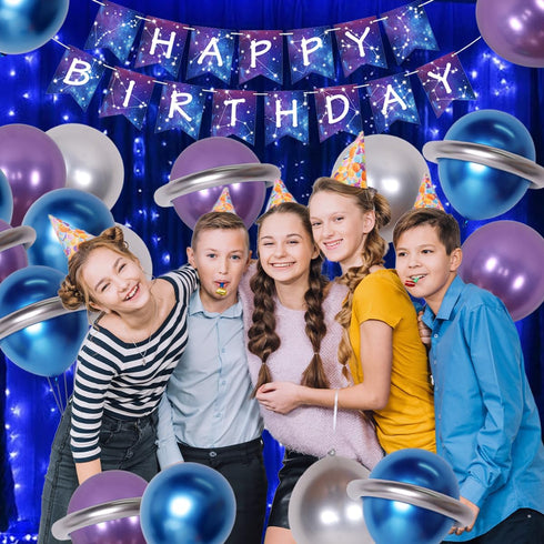Galaxy Birthday Party Decorations for Kids, Happy Birthday Banner, Outer Space Metallic Balloons, Planet Star Cake