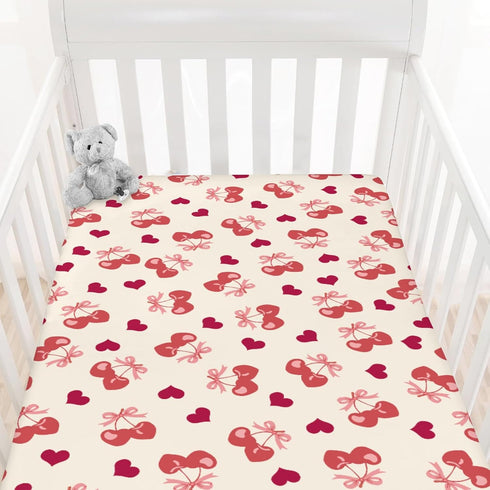 Cstdyfrv 52''x28'' Valentine's Day Cherry Baby Boys Girls Crib Sheets Pink Cherry Bows Love Heart Toddler Bed Sheets
