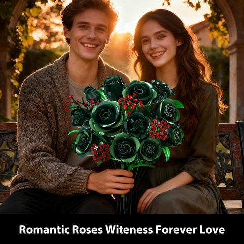 Set 16 523PCS PLAXSOON Flowers Bouquet Building with Lights, Mother's Day Green Roses Botanical Collection Building