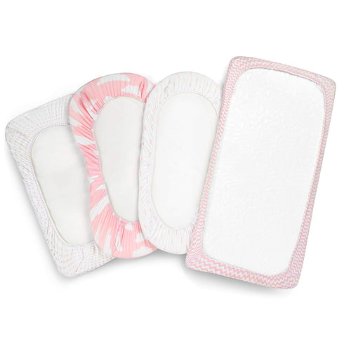 BaeBae Goods Set 4 Pack 100% Premium Bassinet Fitted Sheet - Jersey Knit - Standard Size Oval or Halo Bassinet Pads