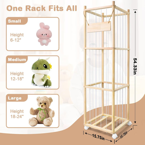 BENCHRY Bedroom-54 Inch Stuffed Animal Storage, Wooden Cute Zoo Toy Holder with Brake Wheels, Space Save Toy Organizer
