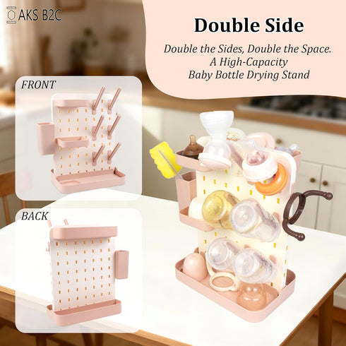 AKS B2C Countertop Baby Bottle Drying Rack Space Saving Vertical Rack with Brushes Holder (Pink)