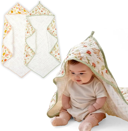CoolaPeach Muslin Hooded Baby Towels,2 Pack Baby Bath Towels,Large 31.5x31.5Inch,Hooded Towels for Baby