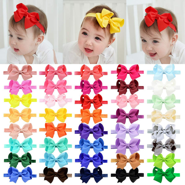 jollybows 40pcs Baby Girls Grosgrain Ribbon Hair Bows - 4" Elastic Hair Band Accessories for Infants Newborn