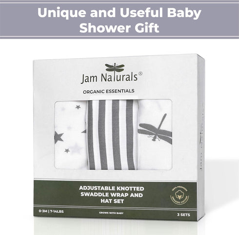 Set 3, (0-3m, 7-14lbs Jam Naturals- Organic Knotted Tie Bottom Adjustable Velcro Swaddle and Hat of Newborn Sleep Sack