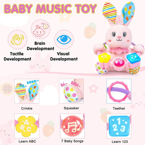 Ryotagift Crinkle,Tummy 0 3 6 9 12+ Baby Bilingual Musical Rabbit Stuffed Animals Toys,Infant Early Learning Toy