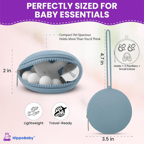 2-Pack HippoBaby Silicone Pacifier Holder Case BPA-Free, Food-Grade Silicone Zippered Travel Pacifier Organizer