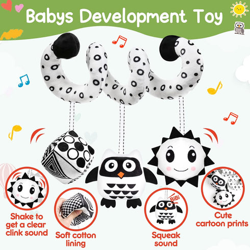 Baby Spiral Hanging Stroller and Car Seat Toys Black and White High Contrast Sensory Toy Newborn Plush Activity Toys Thank You Gifts for 0 3 6 9 12 Months Girls Boys-OWL