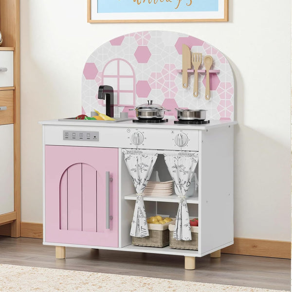 Arlopu Play Kitchen Set, Kids Interactive Pretend Kitchen Playset with Curtained Cabinet,
