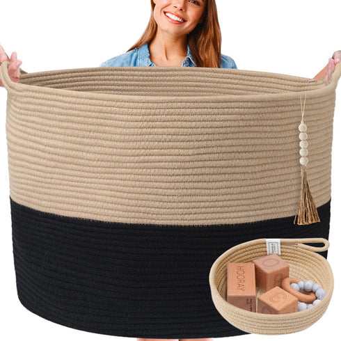 XXXXL WASHABLE Blanket Basket, Living Room Boho 24" x 17" 2PCs Woven Rope Basket for Blankets, Laundry