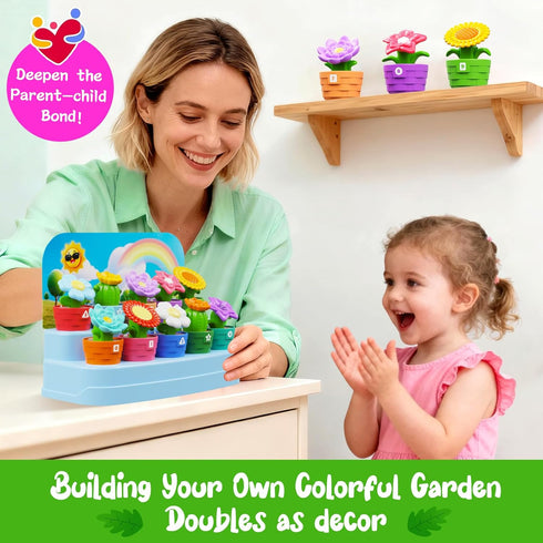 Set Montessori Flower Garden Building Toy for Toddlers, Gardening with Watering Can, Shovel, Rake, Shape & Color