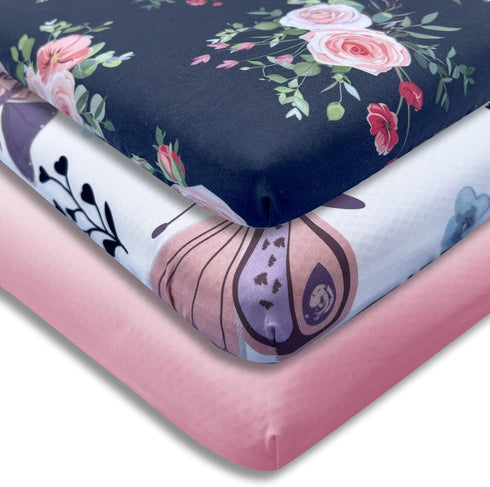 AMROSE 3 Pack Pack Set Heavenly Soft Mini Crib Sheets, Microfiber N Play Sheets for Baby Girls, Silk Touch Gentle