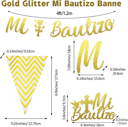 Gold Glitter Mi Bautizo Banner, Mi Bautizo Cake Topper Decorations, First Holy Communion Decorations for Baby Shower