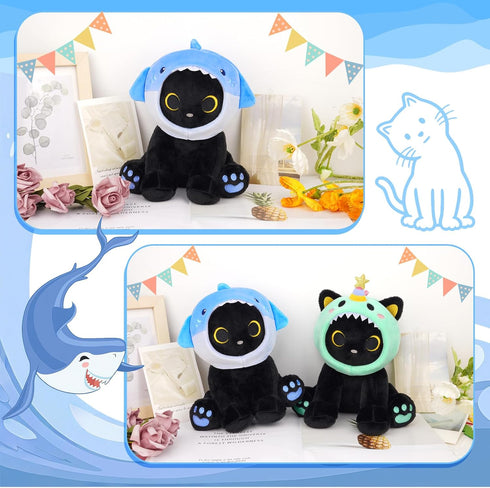 8inches Shark Plush Stuffed Cat, Black Cat Plush with Blue Shark Hood Removable, Cute Plushies Kawaii Cat Stuffed