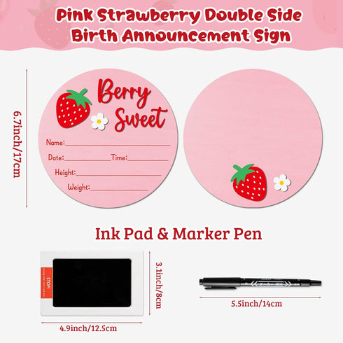 R HORSE Baby Announcement Sign with Ink Pad and Marker Pen Pink Strawberry Hello World Wooden Keepsake for Newborn