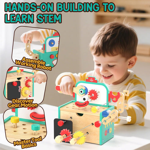 Set, Hammer 3-5, Lehoo Castle Kids Tool Wooden Mini Toddler Tool Bench with Blackboard, Robot Construction Toys
