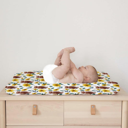 Highland Cows Boho Sunflowers Changing Pad Cover, Cute Yak Floral Diaper Sheets, Soft Breathable Stretchy Mats 32''x16''