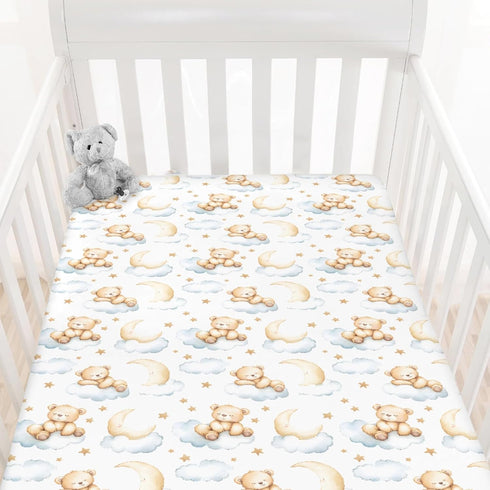 Pynnlts 52x28in Cartoon Bear Baby Crib Sheets Fitted Crib Sheet for Boys Girls Cute Bear Moon Stars Clouds Baby Sheet