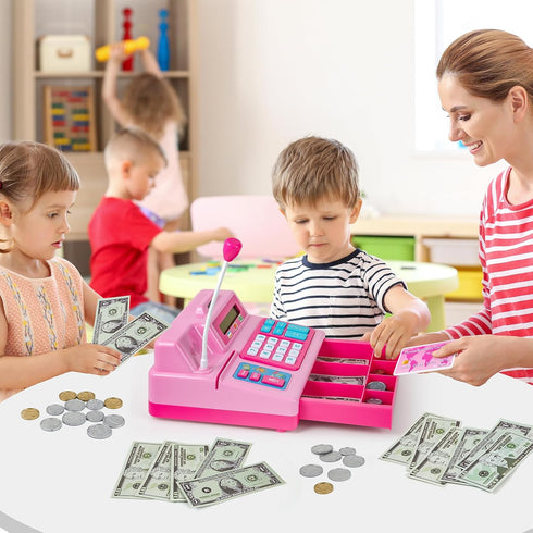 103 3, 4, 5, 6 7 8+ BAODLON Calculator Cash Register - Pcs Pink Toy Cash Register, Microphone, Credit Card and Banking