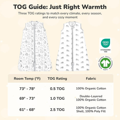 2.5 24-48 Mama Cheetah Baby Sleep Sack TOG, Organic Cotton Baby Wearable Blanket with Two-Way Zipper, Swaddle