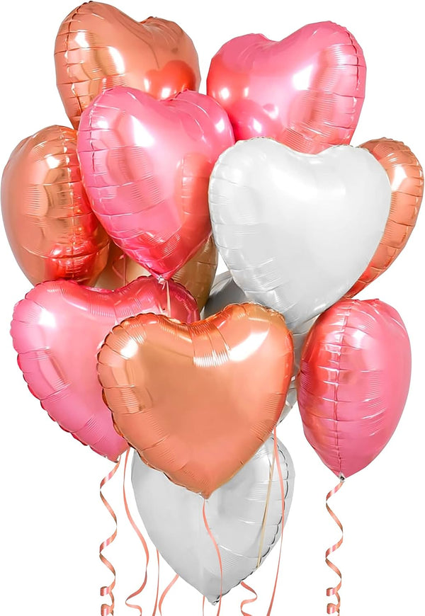 KatchOn Pack of 12 Rose Gold, White Pink Heart Balloons - 18 Inch Heart Shaped Balloons for Love Decorations