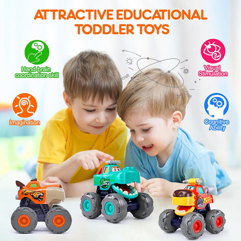 Toy Cars For 1 2 3 Year Old - 3 Pack Monster Truck Toy - Push & Go Crocodile Friction Powered Bull Pull Back Leopard
