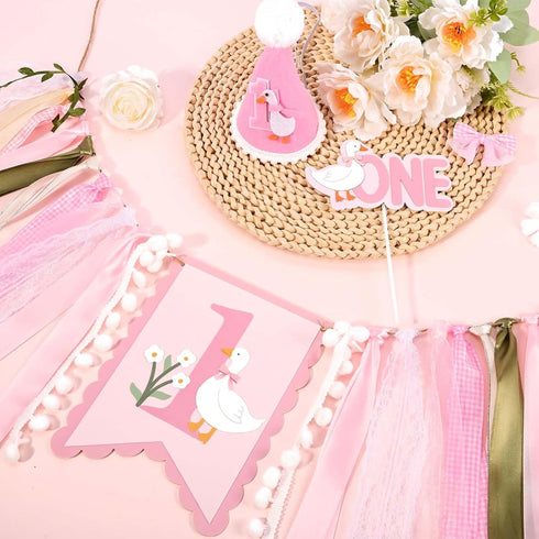 1st Goose Birthday Highchair Banner Hat Cake Topper Highchair Photo Prop for Birthday Party Decorations (Goose)