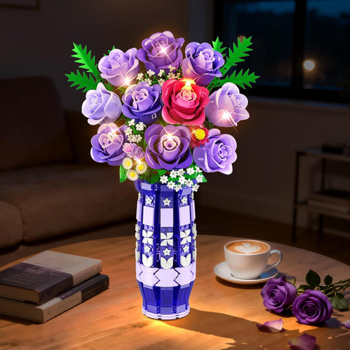 Set 17 CUBIMANA Purple Roses Flowers Building with Vase & LED Light, Mini Flowers Bouquet Building Blocks Toy