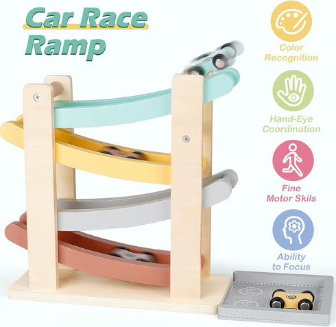 1 2 4 1-3-2-4 Vanplay Car Ramp Toys for One Year Old Boy Birthday Gifts, Wooden Montessori Toys for Year Old, Race