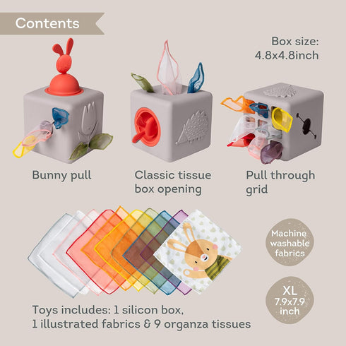 Taf Toys Baby Tissue Box Montessori Toys for Babies - Silicone Sensory & Motor Skills Development Toy with 10 Fabric