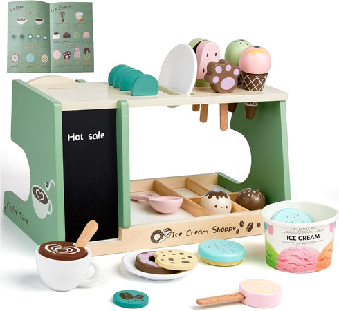 medoga 3-in-1 Counter 28 3 4 5 6 Wooden Ice Cream Toy, Ice Cream with Coffee Maker PCS Toddler Pretend Play Kitchen