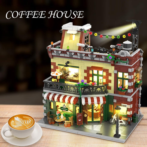 Coffee House Building Set with LED Light, 1589 PCS City Cafe Shop Block Toy for Ages 10 and Up