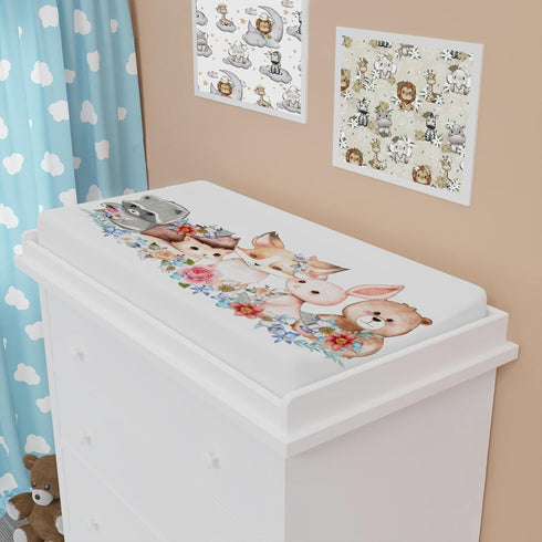 Cute Woodland Animals Spring Floral Changing Pad Cover, Bear Raccoon Hedgehog Rabbit Sheets for Boys Girls, 32"x16"