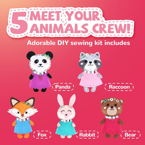 5 Cymbana Kid Sewing Craft Kit to Make a Friend for Beginner Felt Craft Learn to Sew, Panda Fox Bunny Raccoon Bear