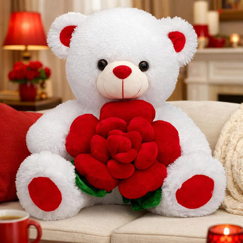 16 inches BEJOY Teddy Bear Stuffed Animals Plush Bear Holding Rose Soft Plush Toy Gifts White