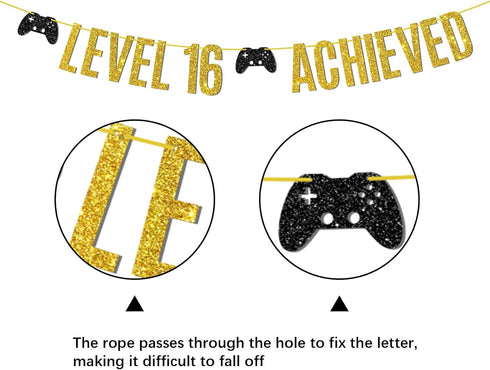 Game on Level 16 Unlocked Banner, Glittery Hanging Sign for 16th Birthday Party Decorations