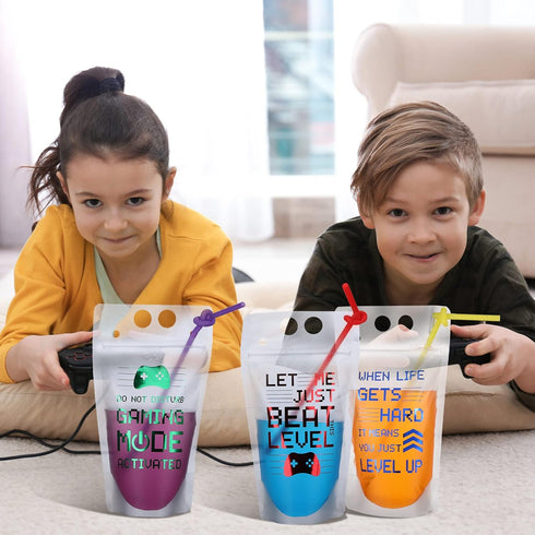 Video Game Party Favors Drink Pouch Cups with Straws Plastic Drink Pouches Clear Zipper Bags Reusable Drink Pouches for Birthday Party Decor Gamer Party Favors Gift (Red/Blue/Green/Orange, 24 Pcs)
