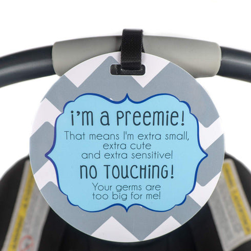 THREE LITTLE TOTS Blue Boy Preemie No Touching Baby Car Seat Sign, Stroller Tag, CPSIA Safety Tested Gift