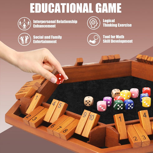 1-6 16 Toidgy Players Shut The Box Dice Games, Wooden Board Table Math Game with Dice and Instructions, Classics Close