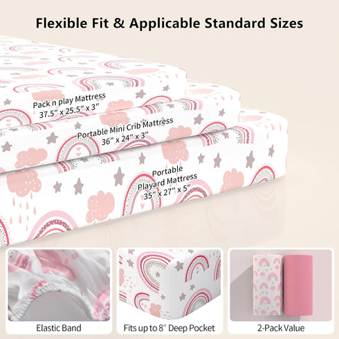 IOCCLH Pack 2-Pack Pack N Play Sheets Fitted, Fit for Standard N Play Mattress, Mini Crib Sheets,Breathable Soft Unisex