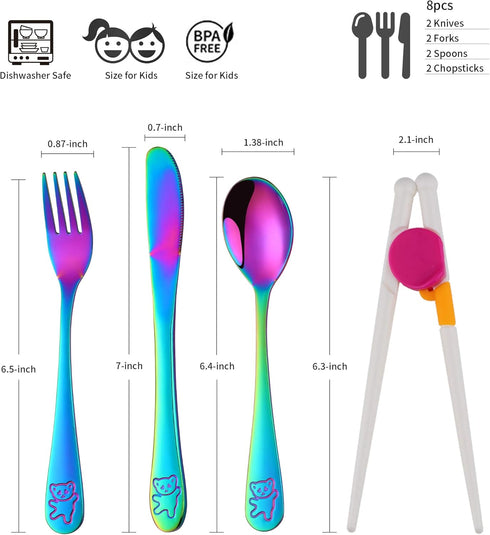 Poylim Kids Silverware, Stainless Steel Children Flatware Set of 2, Toddler Utensils, Rainbow