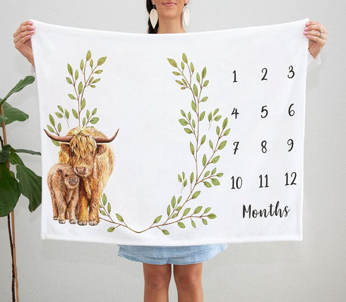Highland Cow Baby Growth Chart Monthly Blanket, Milestone Blanket for New Moms Baby Shower (50"x40")