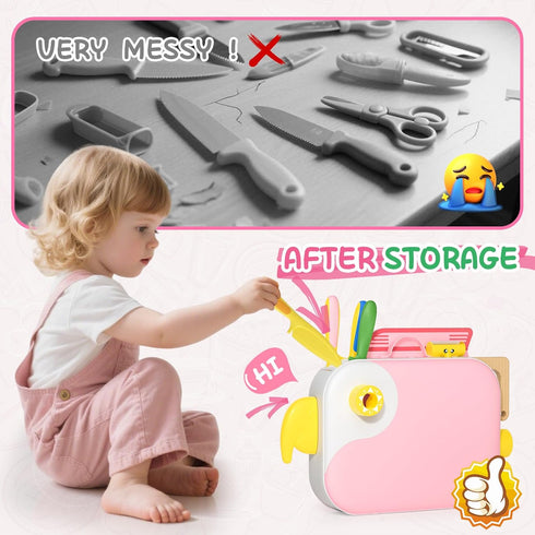 Set 3 4 5 6 7 8 Kids Kitchen Knife for Real Cooking with Storage Box Pink, Montessori Kitchen Toy with Cutting Board