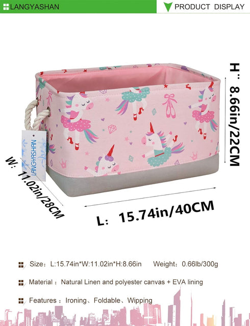 LANGYASHAN Rectangular Storage Bin with Handles, Collapse Canvas Fabric Cartoon Basket for Organizing Home, Kitchen,
