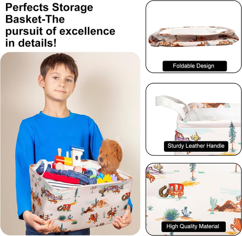 BBSET 3 Closet Pcs Western Bull Boho Rectangle Storage Basket Collapsible Highland Cow Storage Bin for Nursery Toys